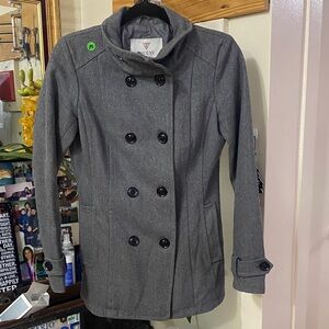 #10 GUESS Women's Charcoal Double-Breasted Pea Coat. Wool Blend